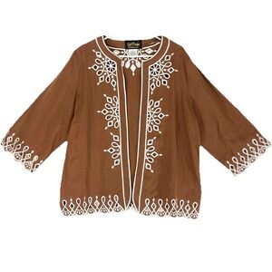 VTG Bob Mackie Linen Kimono Cardigan Womens L Brown Embroidered Cut Out Art $120